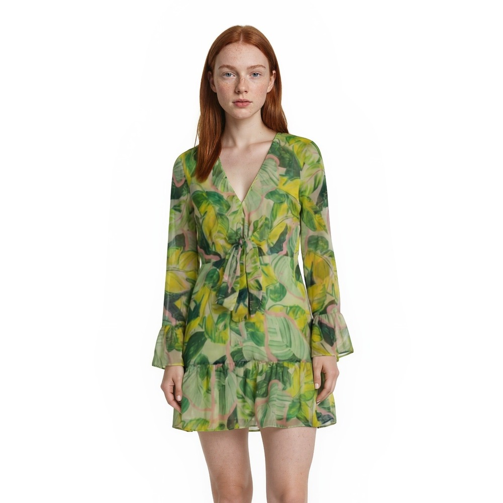 NEW Alex‎ Marie Tropical Palm Mini Dress Women's 12 Tie Front Bell Sleeve